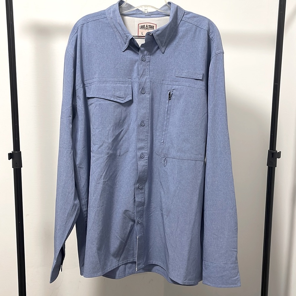 NWOT Lake & Trail Mens Shirt Large Long Sleeve Vented Zip Pocket Button Up